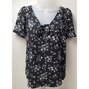 LC Lauren Conrad Woven Tee V-Neck Bow Accent Black White Wildflower Print XS